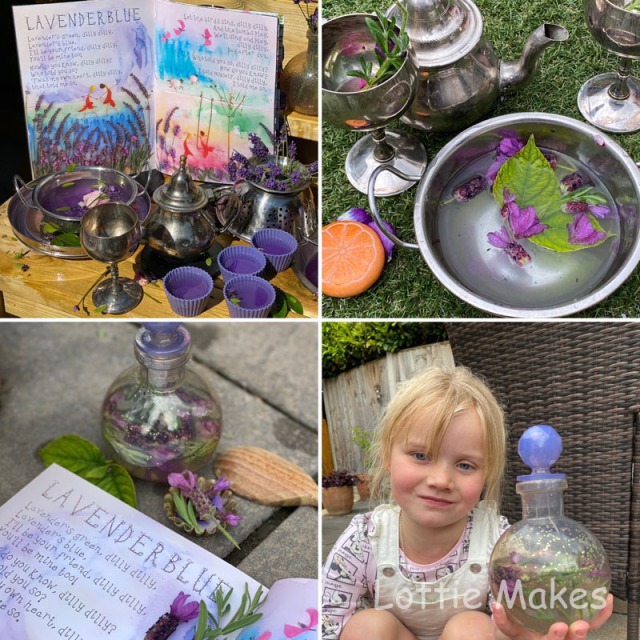 14 Popular Mud Kitchen Activities - making lavender potions
