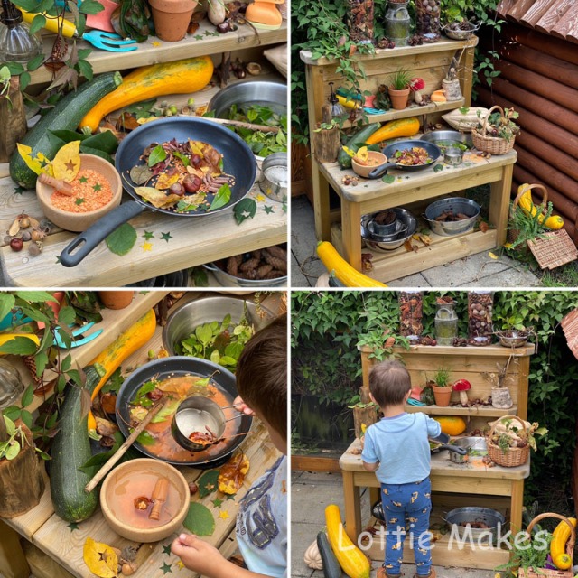14 Popular Mud Kitchen Activities - autumn themed with pumpkins and squashes
